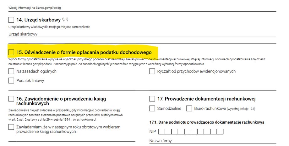 Które pole w formularzu służy do wyboru formy opodatkowania