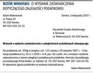 Wzór wniosku o wydanie zaświadczenia
      dotyczącego zaległości podatkowej