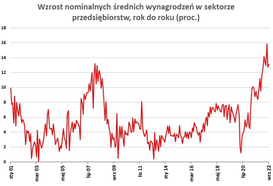 W ujęciu nominalnym średnie miesięczne wynagrodzenia brutto w sektorze przedsiębiorstw rosły w tym roku w tempie najwyższym od ponad 20 lat. 