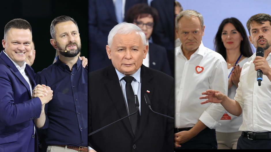Liderzy Trzeciej Drogi Szymon Hołownia i Władysław Kosiniak-Kamysz, Jarosław Kaczyński oraz Donald Tusk z Michałem Kołodziejczakiem