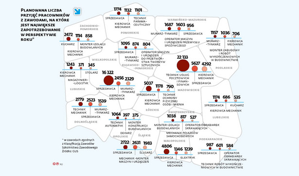 Planowana liczba przyjęć pracowników w perspektywie roku - mapa