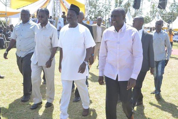 (From left) Kisumu Governor Anyang Nyongo, AU envoy Raila Odinga and DP William Ruto 