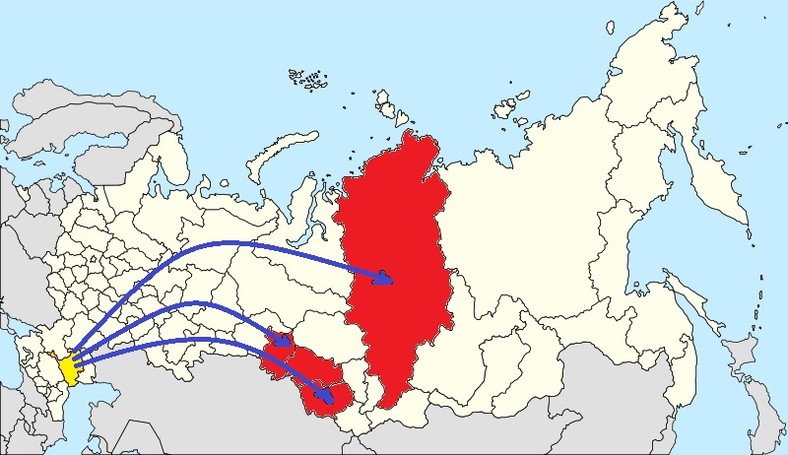 Mapa przedstawiająca miejsca deportacji Kałmuków