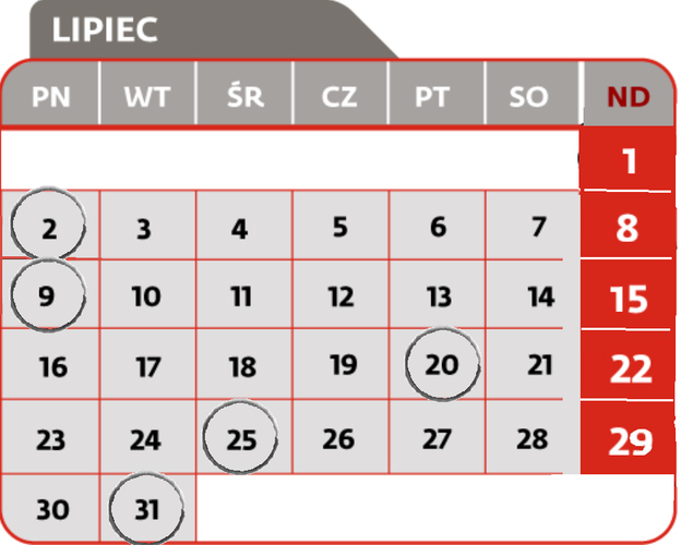 <strong>2 lipca</strong>

<br>Termin złożenia deklaracji VAT-11 - osoby fizyczne, osoby prawne lub jednostki organizacyjne niemające osobowości prawnej, niebędące podatnikami VAT i niemające obowiązku składania deklaracji VAT-7, VAT-7K lub VAT-7D, dokonujące WDT nowego środka transportu<br><br>
<strong>9 lipca</strong>
Termin złożenia deklaracji CIT-7
<br>Termin przekazania przez płatnika, o którym mowa w art. 26 ust 1 CIT, pobranego zryczałtowanego podatku
<br>Termin przekazania przez płatnika podatku od należności wypłaconych osobom niemającym w RP miejsca zamieszkania/siedziby z tytułu art. 21 ust 1 i art. 22 ust 1 CIT
<br>Termin płatności podatku w formie karty podatkowej
<br>Termin wpłaty pobranego przez płatnika podatku PCC, SD
<br>Termin złożenia przez płatnika deklaracji: PCC-2, SD-2<br><br>
<strong>20 lipca</strong>
<br>Termin złożenia deklaracji VIN-D, VIU-D
<br>Termin złożenia informacji CIT-ST
<br>Termin płatności zaliczki CIT
<br>Termin płatności zaliczki CIT w formie uproszczonej
<br>Termin złożenia informacji CIT-ST (zaliczki płacone kwartalnie)
<br>Termin płatności zaliczki CIT kwartalnej
<br>Termin płatności zaliczki PIT wg skali podatkowej
<br>Termin płatności zaliczki PIT podatek liniowy
<br>Termin płatności zaliczki PIT w formie uproszczonej
<br>Termin płatności zaliczki PIT przez podatników uzyskujących dochody bez pośrednictwa płatnika
<br>Termin płatności ryczałtu od przychodów ewidencjonowanych
<br>Termin wpłaty pobranych przez płatnika zaliczek PIT i zryczałtowanego podatku PIT od kwot wypłaconych
<br>Termin płatności zaliczki PIT kwartalnej
<br>Termin płatności ryczałtu od przychodów ewidencjonowanych kwartalnego
<br>Termin płatności ryczałtu od przychodów osób duchownych<br><br>
<strong>25 lipca</strong>
<br>termin złożenia informacji VAT-27
<br>Termin złożenia deklaracji VAT-7
<br>Termin złożenia deklaracji VAT-8 - przy wewnątrzwspólnotowym nabyciu powyżej 10000 Euro
<br>Termin złożenia deklaracji VAT-9M
<br>Termin złożenia deklaracji VAT-12 w zakresie usług taksówek osobowych opodatkowanych w formie ryczałtu
<br>Termin złożenia deklaracji VAT-13 - rozliczenie transakcji wewnątrzwspólnotowych dostaw towarów podatników, którego dokonuje przedstawiciel podatkowy w imieniu własnym i na rzecz podatników
<br>Termin złożenia deklaracji VAT-7D
<br>Termin złożenia deklaracji VAT-7K - mali podatnicy
<br>Termin złożenia deklaracji VAP-1
<br>Termin płatności podatku VAT
<br>Termin płatności podatku VAT kwartalnie
<br>Termin złożenia deklaracji VAT-UE WYŁĄCZNIE drogą elektroniczną<br><br>
<strong>31 lipca</strong>
<br>Termin złożenia deklaracji VAT-11 - osoby fizyczne, osoby prawne lub jednostki organizacyjne niemające osobowości prawnej, niebędące podatnikami VAT i niemające obowiązku składania deklaracji VAT-7, VAT-7K lub VAT-7D, dokonujące WDT nowego środka transportu