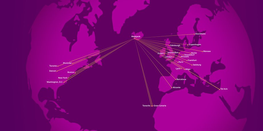 Siatka połączeń WOW Air. Jej głównym lotniskiem jest Reykjavik