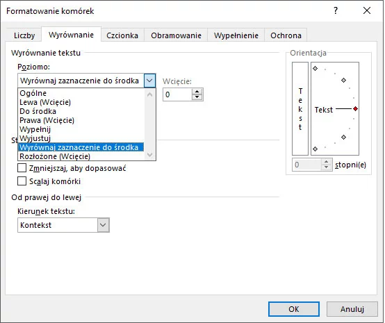 Opcje wyrównania w poziomie