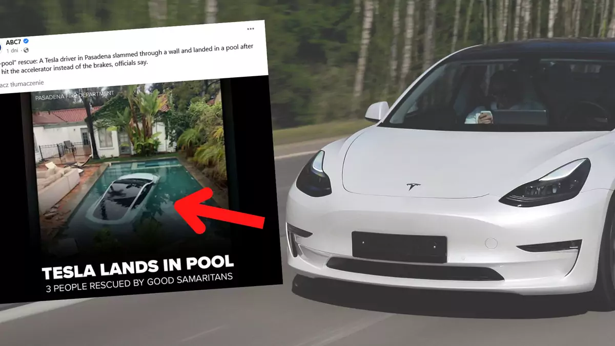 Piękna Tesla wylądowała w basenie (fot. screen z Facebook/ABC7)