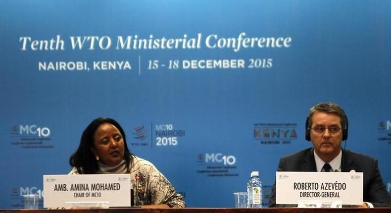 The Kenyan Foreign Affairs Cabinet Secretary Amina Mohamed (L) and the Director General of the World Trade Organization (WTO) Roberto Azevedo attend the opening of the World Trade Organization (WTO) Summit in Nairobi, Kenya December 15, 2015. REUTERS/Noor Khamis