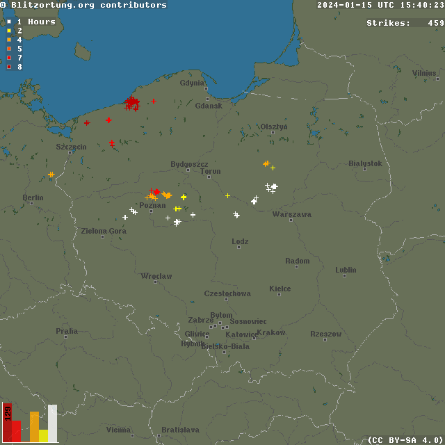 Detektory wykryły dziś nad Polską prawie 460 wyładowań atmosferycznych