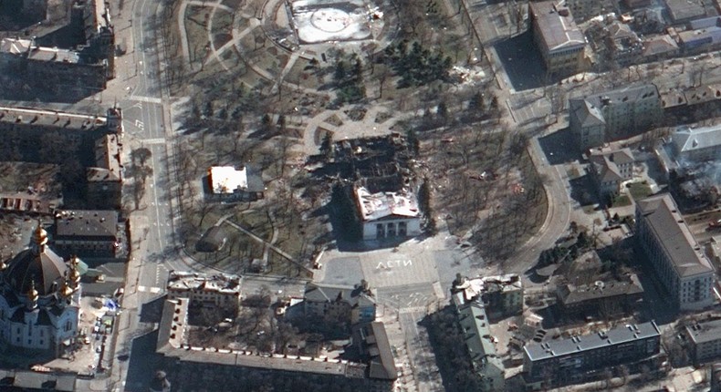 Satellite imagery of the Mariupol Drama Theater which was bombed on March 16th.