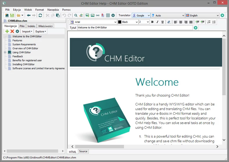 Główne okno programu do tworzenia i edycji plików pomocy CHM - CHM Editor