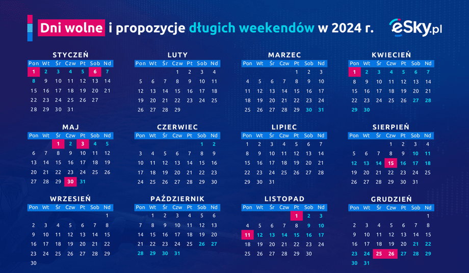 Oto kalendarz długich weekendów na 2024 r.
