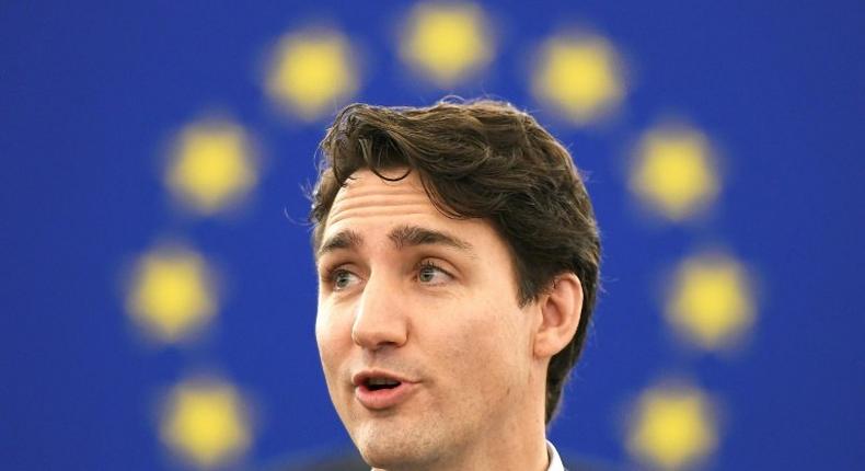 Canada’s Prime Minister Justin Trudeau speaks in Strasbourg, eastern France, on February 16, 2017