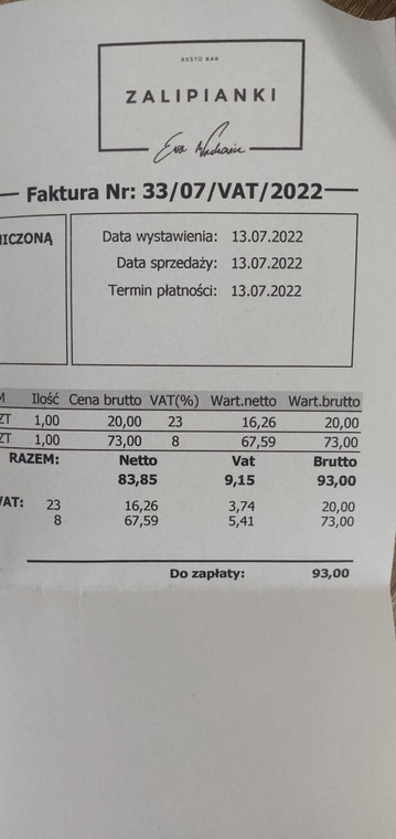 Faktura z restauracji "Zalipianki. Ewa Wachowicz"