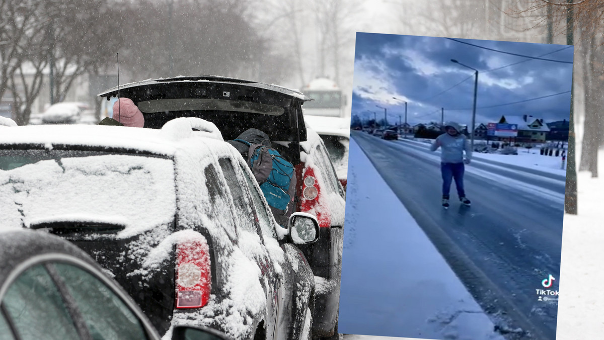 Atak zimy i trudne warunki na Podhalu. Jechał na łyżwach po oblodzonej drodze