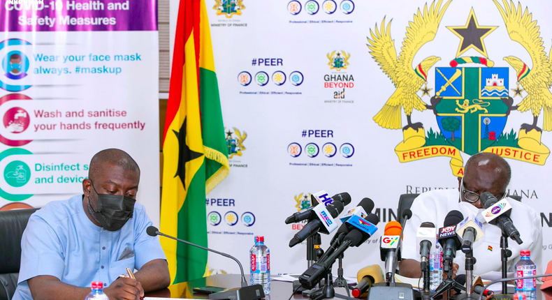 Ken Ofori-Atta (right) and Information Minister, Kojo Oppong Nkrumah (left).