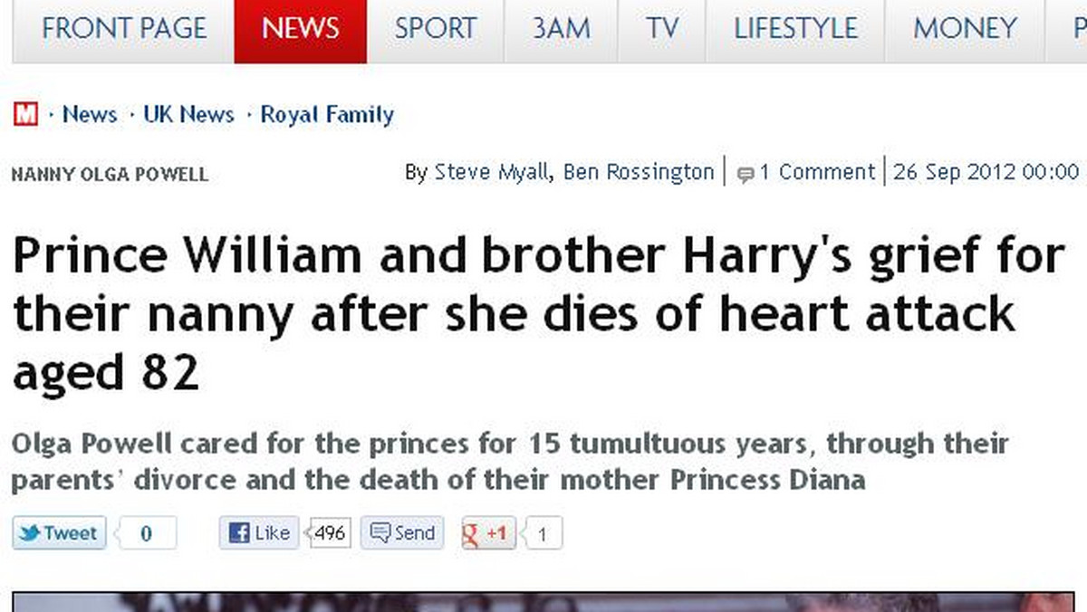 Książę William i jego brat Harry pogrążyli się w żałobie po swojej niani, która zmarła na atak serca w wieku 82 lat.