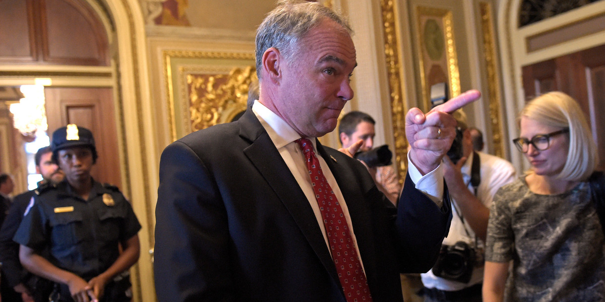 Democratic vice presidential candidate, Sen. Tim Kaine, D-Va. leaves a meeting with Senate Democrats on Capitol Hill in Washington, Wednesday, Sept. 7, 2016.
