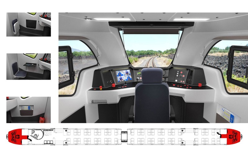 Każdy z pojazdów składa się z dwóch członów i czterech czterech wózków, z których każdy jest napędowy. Jak opowiedział nam kierownik Działu Badań i Rozwoju Mariusz Bernaś, wyzwaniem było spełnienie oczekiwanych parametrów trakcyjnych, zabudowanie wymaganego wyposażenia (m.in. stu foteli, toalety, elektrycznych wind dla niepełnosprawnych), przy jednoczesnym utrzymaniu masy pojazdu na tyle, żeby uzyskać wymagany nacisk na oś.
<br><br>
Fot. 4 Kabina maszynisty i rozkład wnętrza