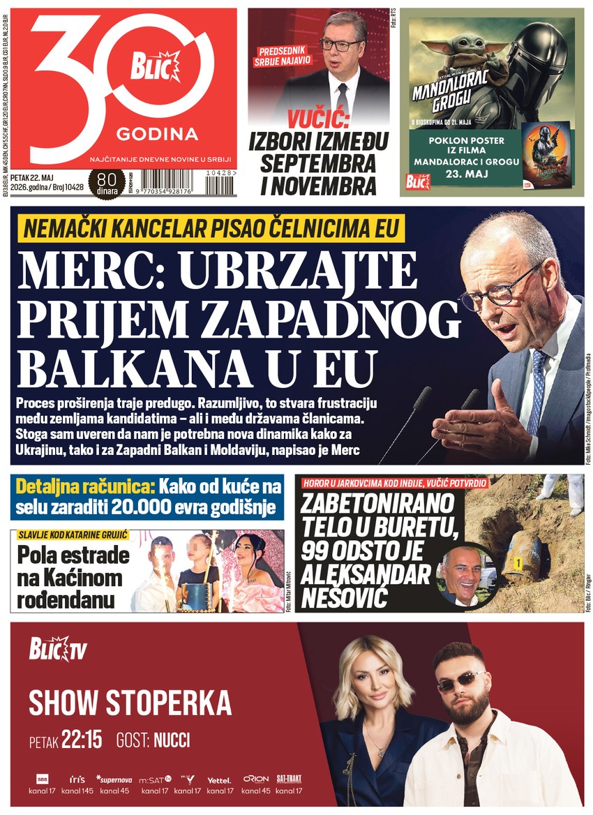 Blic naslovna strana za 22.5.