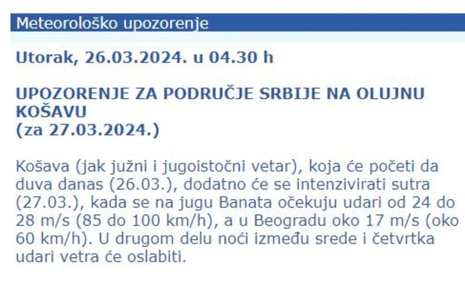 Upozorenje RHMZ-a