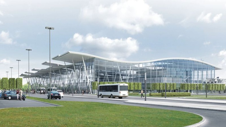 Nowy terminal we Wrocławiu. Widok od strony podjazdu. Wizualizacja pochodzi z materiałów prasowych Portu Lotniczego Wrocław.