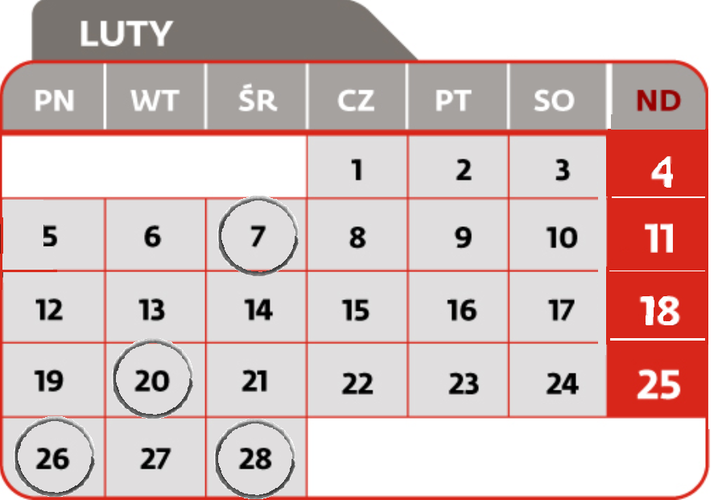 <strong>7 lutego</strong>
<br>Termin złożenia deklaracji CIT-7
<br>Termin przekazania przez płatnika, o którym mowa w art. 26 ust 1 CIT, pobranego zryczałtowanego podatku
<br>Termin przekazania przez płatnika podatku od należności wypłaconych osobom niemającym w RP miejsca zamieszkania/siedziby z tytułu art. 21 ust 1 i art. 22 ust 1 CIT
<br>Termin płatności podatku w formie karty podatkowej
<br>Termin wpłaty pobranego przez płatnika podatku PCC, SD
<br>Termin złożenia przez płatnika deklaracji: PCC-2, SD-2<br><br>

<strong>20 lutego</strong>
<br>Termin złożenia informacji CIT-ST
<br>Termin zawiadomienia o wyborze/rezygnacji z uproszczonej formy wpłaty zaliczek CIT, chyba że rok podatkowy nie jest rokiem kalendarzowym
<br>Termin płatności zaliczki CIT
<br>Termin płatności zaliczki PIT wg skali podatkowej
<br>Termin płatności zaliczki PIT podatek liniowy
<br>Termin płatności zaliczki PIT w formie uproszczonej
<br>Termin płatności zaliczki PIT przez podatników uzyskujących dochody bez pośrednictwa płatnika
<br>Termin płatności ryczałtu od przychodów ewidencjonowanych
<br>Termin wpłaty pobranych przez płatnika zaliczek PIT i zryczałtowanego podatku PIT od kwot wypłaconych
<br>Termin złożenia zawiadomienia o wyborze uproszczonej formy wpłacania zaliczek PIT
<br>Termin złożenia zawiadomienia o wyborze kwartalnego sposobu wpłacania zaliczek PIT<br><br>
<strong>26 lutego</strong>
<br>Termin złożenia informacji VAT-27
<br>Termin złożenia deklaracji VAT-7
<br>Termin złożenia deklaracji VAT-8 - przy wewnątrzwspólnotowym nabyciu powyżej 10000 Euro
<br>Termin złożenia deklaracji VAT-9M
<br>Termin złożenia deklaracji VAT-12 w zakresie usług taksówek osobowych opodatkowanych w formie ryczałtu
<br>Termin złożenia deklaracji VAT-13 - rozliczenie transakcji wewnątrzwspólnotowych dostaw towarów podatników, którego dokonuje przedstawiciel podatkowy w imieniu własnym i na rzecz podatników
<br>Termin płatności podatku VAT
<br>Termin złożenia deklaracji VAT-UE WYŁĄCZNIE drogą elektroniczną<br><br>
<strong>28 lutego </strong>

<br>Termin złożenia deklaracji VAT-11 - osoby fizyczne, osoby prawne lub jednostki organizacyjne niemające osobowości prawnej, niebędące podatnikami VAT i niemające obowiązku składania deklaracji VAT-7, VAT-7K lub VAT-7D, dokonujące WDT nowego środka transportu
<br>Termin złożenia do US za pomocą środków komunikacji elektronicznej przez płatnika/biuro rachunkowe działające w jego imieniu informacji: PIT- 8C, PIT-11, PIT-R
<br>Termin złożenia przez płatnika rocznego obliczenia podatku PIT-11A
<br>Termin złożenia przez płatnika informacji PIT-14
<br>Termin złożenia do US za pomocą środków komunikacji elektronicznej przez płatnika/biurorachunkowe działające w jego imieniu rocznego obliczenia podatku PIT-40
<br>Termin złożenia do US za pomocą środków komunikacji elektronicznej przez płatnika/biuro rachunkowe działające w jego imieniu informacji IFT-1/IFT-1R 
<br>Termin przekazania podatnikowi PIT-8C, PIT-11, PIT-R, IFT-1/IFT-1R, PIT-40
