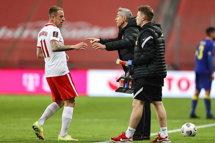 Kamil Grosicki i Paulo Sousa podczas meczu Polska - Andora (28 marca 2021 r.)