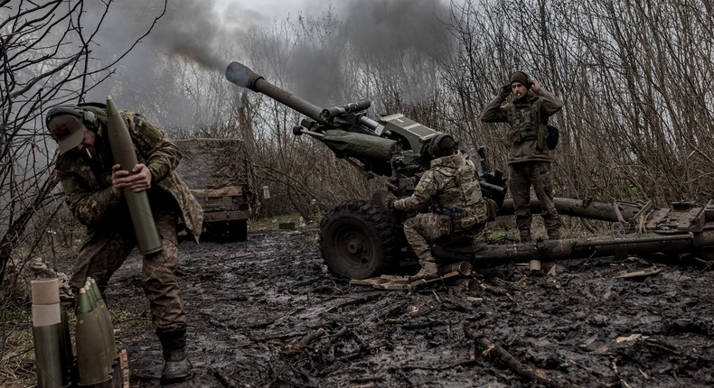 Members of Ukraine's Da Vinci Wolves Battalion fire artillery in the direction of Bakhmut on April 3.Photo by Diego Herrera Carcedo/Anadolu Agency via Getty Images