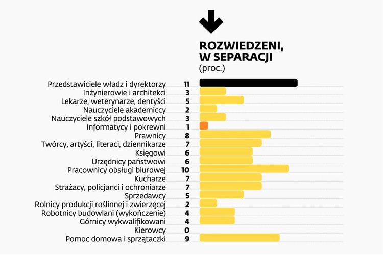 ROZWIEDZENI, W SEPARACJI. Jak wynika z Diagnozy Społecznej 2013, najbardziej narażoną na rozwody i separacje grupą zawodową w Polsce są przedstawiciele władz i dyrektorzy (11 proc. rozwodów) oraz pracownicy obsługi biurowej (10 proc.). Z kolei najrzadziej rozwodzą się informatycy (1proc.) oraz nauczyciele akademiccy (2 proc.) i rolnicy (2 proc.).