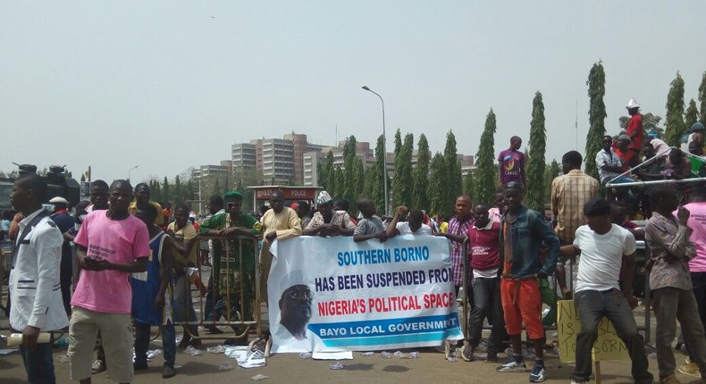 Protesters demand reinstatement of Senator Ali Ndume on April 4, 2017.