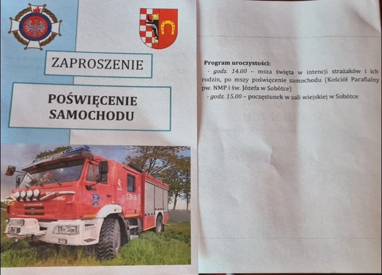 Zaproszenie na uroczystość poświęcenia wozu fot. OSP KSRG Sobótka