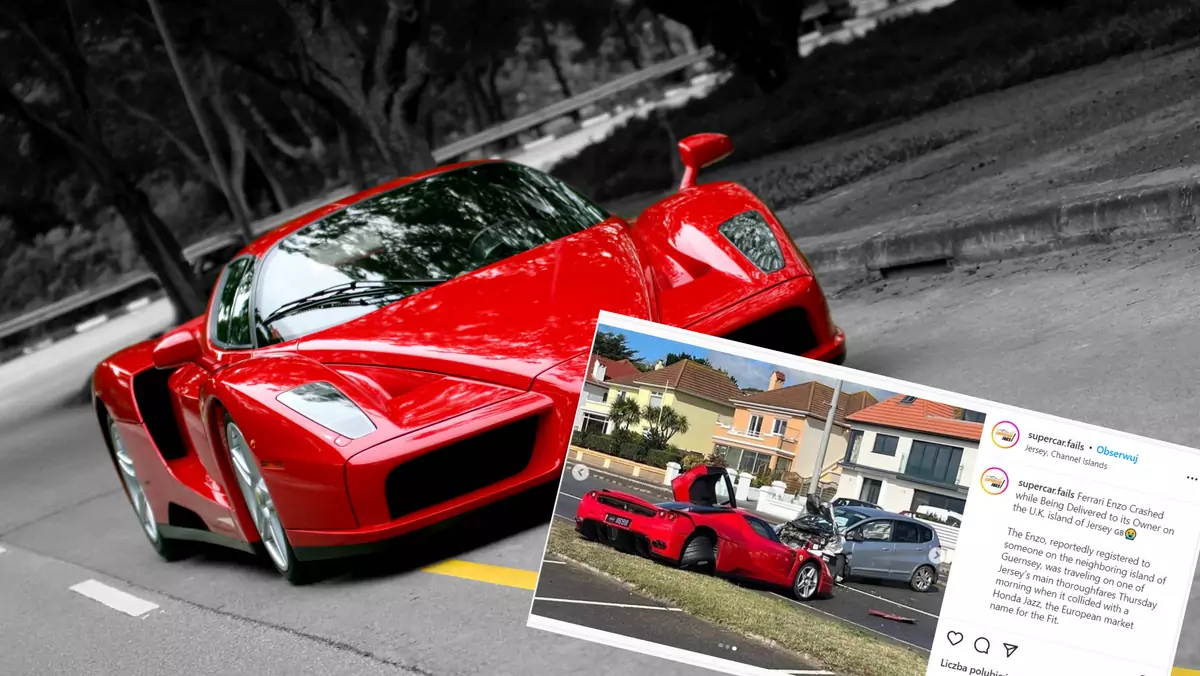 Zdemolowane Ferrari Enzo po wypadku z Hondą Jazz