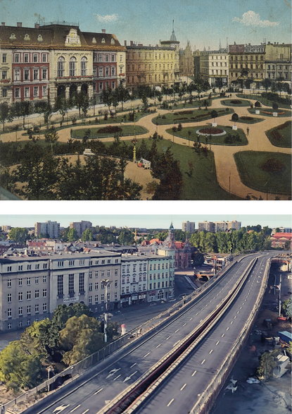 Chorzowski rynek na pocztówce z 1919 r.  i to samo miejsce dziś. Fot. Zbiory Muzeum Śląskiego i Google Earth