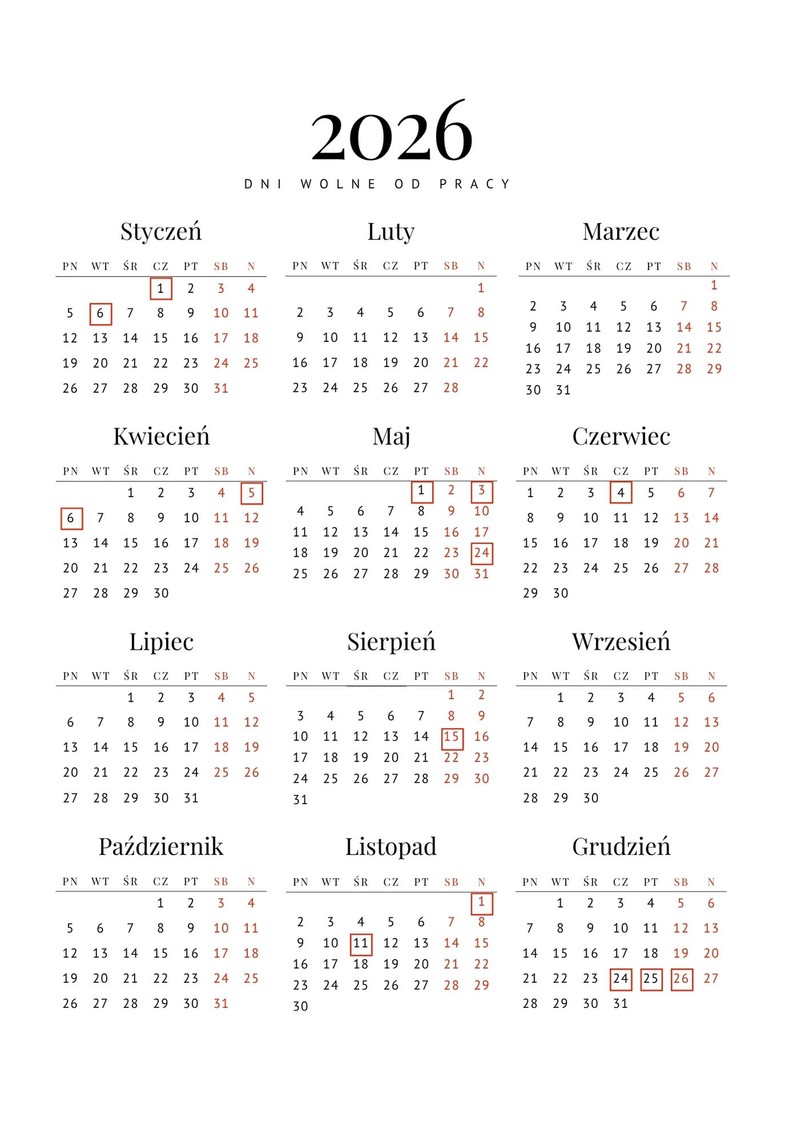 dni wolne od pracy 2026 kalendarz