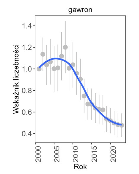 Zmiana liczebności gawrona od 2000 roku. Źródło: Generalny Inspektorat Ochrony Środowiska, Monitoring Flagowych Gatunków Ptaków 2023