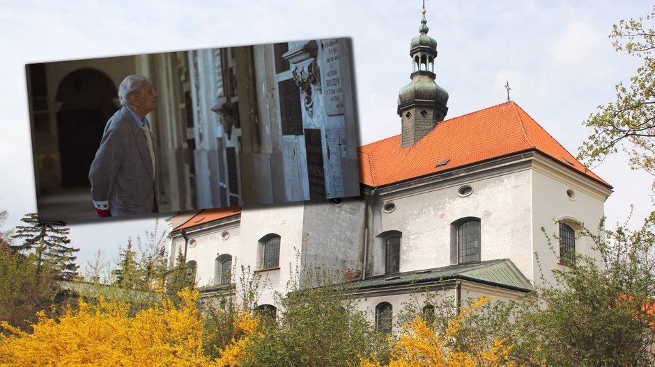 Kadr z filmu "Krużganki". W tle kościół św. Antoniego z Padwy w Warszawie od strony Ogrodu Saskiego