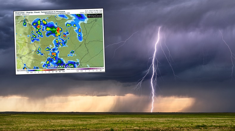 W czwartek czeka nas uderzenie wiosny, ale popołudniowe burze (mapa: wxcharts.com)