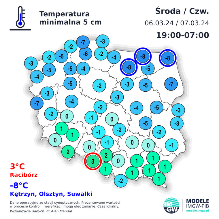 Temperatura minimalna przy gruncie w Polsce ostatniej nocy