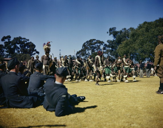 Kadeci brytyjskich sił lotniczych obserwują taniec wojenny Zulusów (Południowa Afryka, domena publiczna).