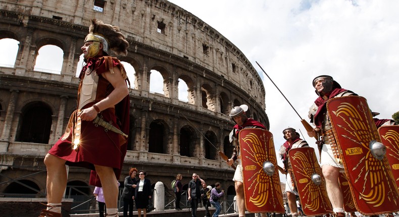 Men dressed up as centurions in modern-day Rome.Alessandra Tarantino/AP Photo