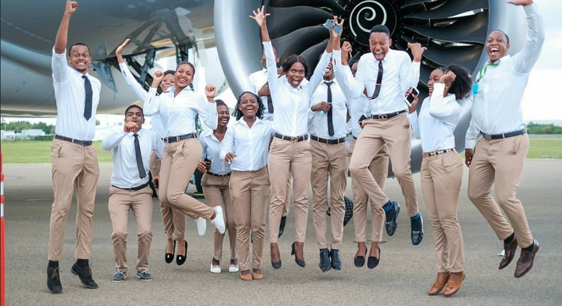 Jubilant Air Tanzania flight crew jump in joy at the delivery of  the second Boeing 787-8 Dreamliner. (Twitter)