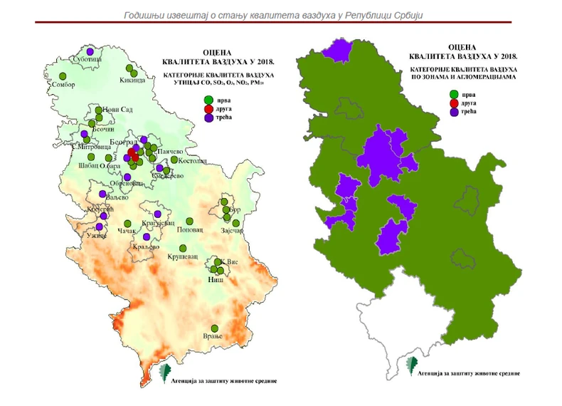 Mapa iz Godišnjeg izveštaja - kvalitet vazduha