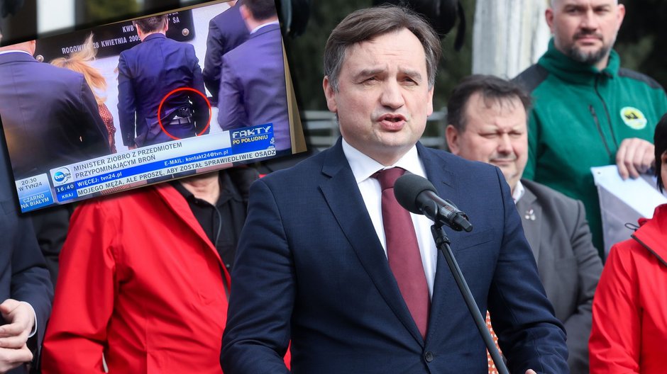 Minister sprawiedliwości, prokurator generalny Zbigniew Ziobro (C) podczas konferencji prasowej na terenie Kopalni Węgla Brunatnego Bełchatów