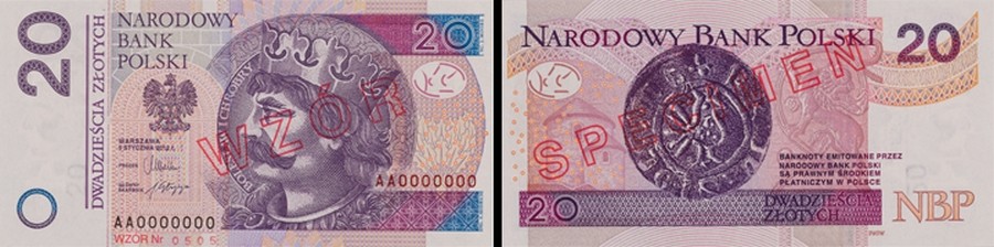 Na banknocie o nominale 20 złotych widnieje portret króla Bolesława I Chrobrego. Z jego lewej strony znajduje się portal romański, zaś z prawej korona młodego dębu z Drzwi Gnieźnieńskich ze sceny wystawienia zwłok św. Wojciecha.
<br><br>
Stronę odwrotną zdobi srebrny denar Bolesława I Chrobrego z sylwetką ptaka i napisem PRINCES POLONIE. Z lewej strony umieszczono wizerunek rotundy św. Mikołaja w Cieszynie, a z prawej – lwa rozpiętego na wici roślinnej z obramowania Drzwi Gnieźnieńskich.