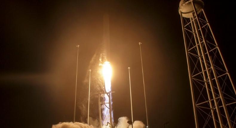 The Orbital ATK Antares rocket, with the Cygnus spacecraft onboard, takes off on October 17, 2016 at NASA's Wallops Flight Facility in Virginia