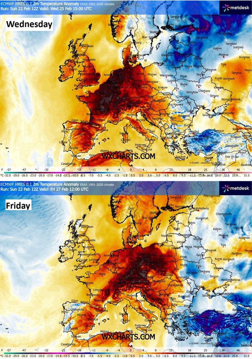 Mapa temperaturnih anomalija za sredu i petak