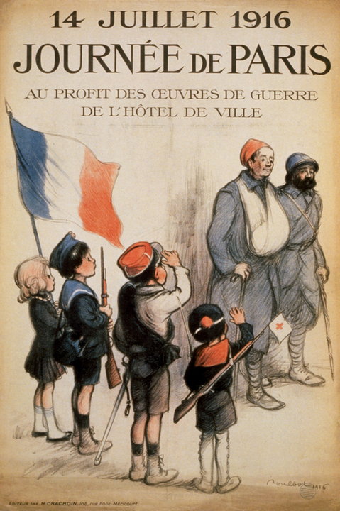 Okładka Journée de Paris, dzieci w strojach żołnierzy oddają honory prawdziwym żołnierzom powracającym z frontu (aut. Francisque Poulbot, domena publiczna).