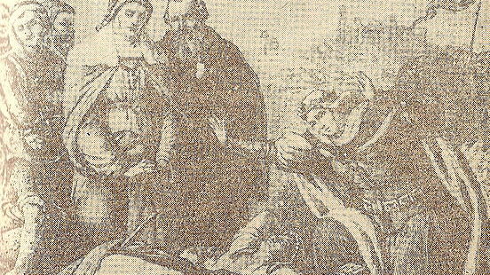 Rysunek przedstawiający Św Jadwigę i Annę Czeską pochylone nad ciałem zamordowanego Henryka Pobożnego - domena publiczna