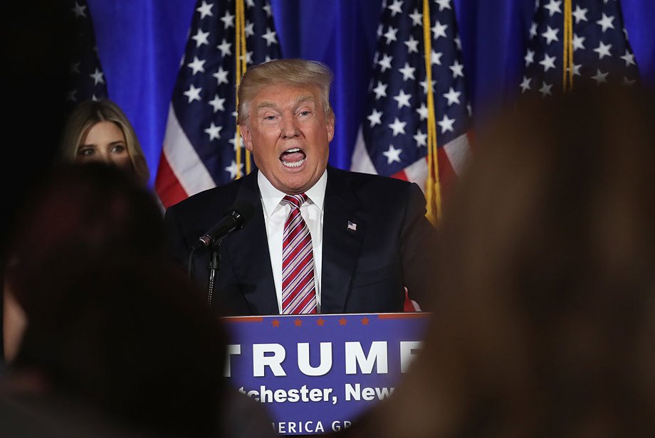 US Republican presidential candidate Donald Trump addresses supporters and the media following primary elections on June 7 in Briarcliff Manor, New York.